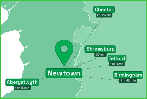 Location map of Newtown and surrounding towns and cities